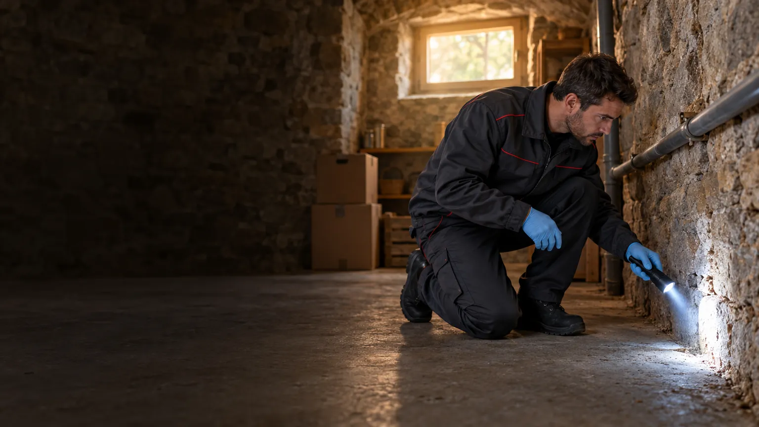 Technicien de dératisation inspectant le bas d’un mur de cave à la lampe torche