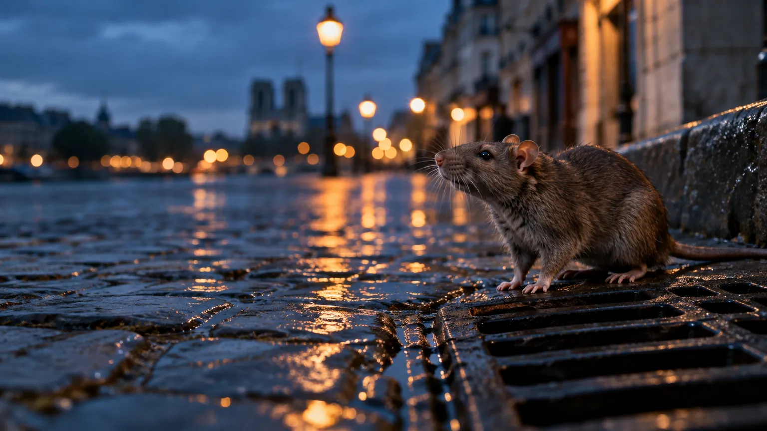 Rat surmulot qui longe un mur au pied d’un immeuble
