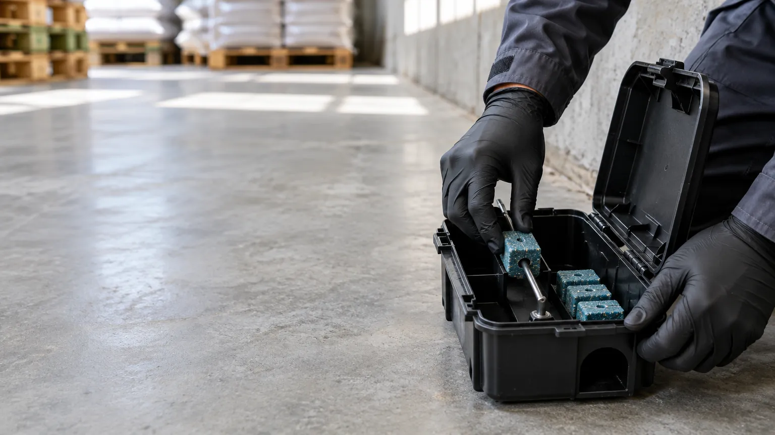 Technicien en dératisation qui contrôle un poste d’appâtage contenant un raticide professionnel