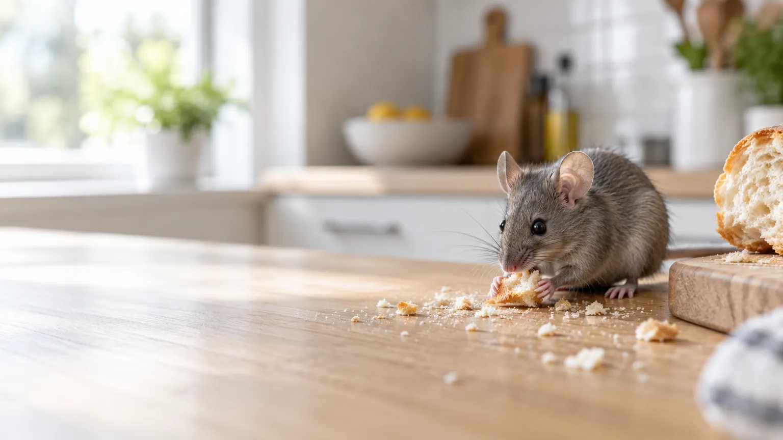Souris domestique sur un plan de travail de cuisine, près de miettes