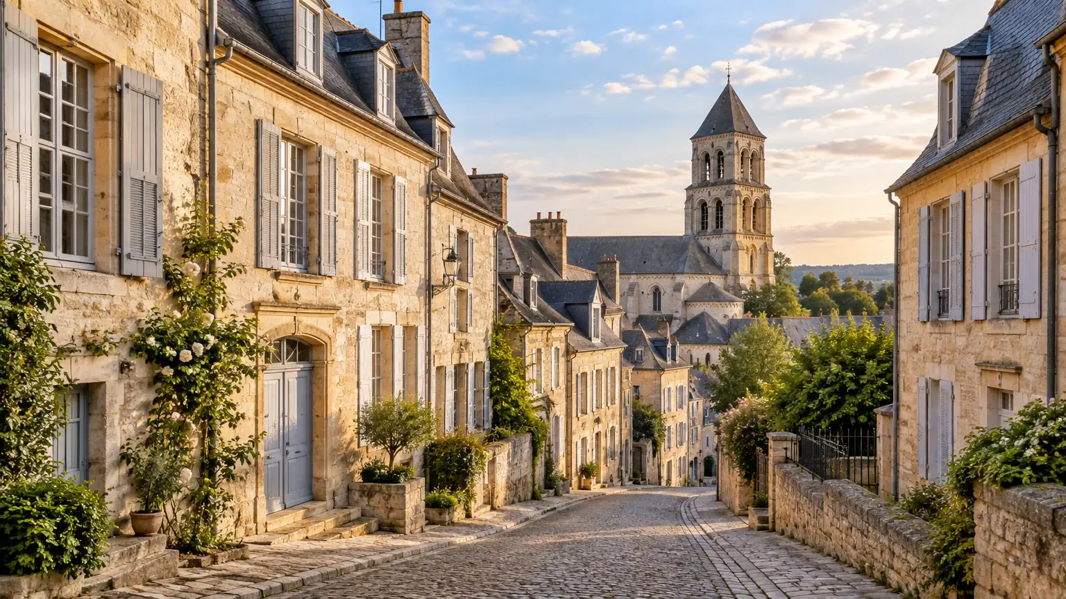 Rue pavée bordée de maisons en pierre calcaire et d’un clocher roman, dans une vieille ville du Poitou, en fin d’après-midi