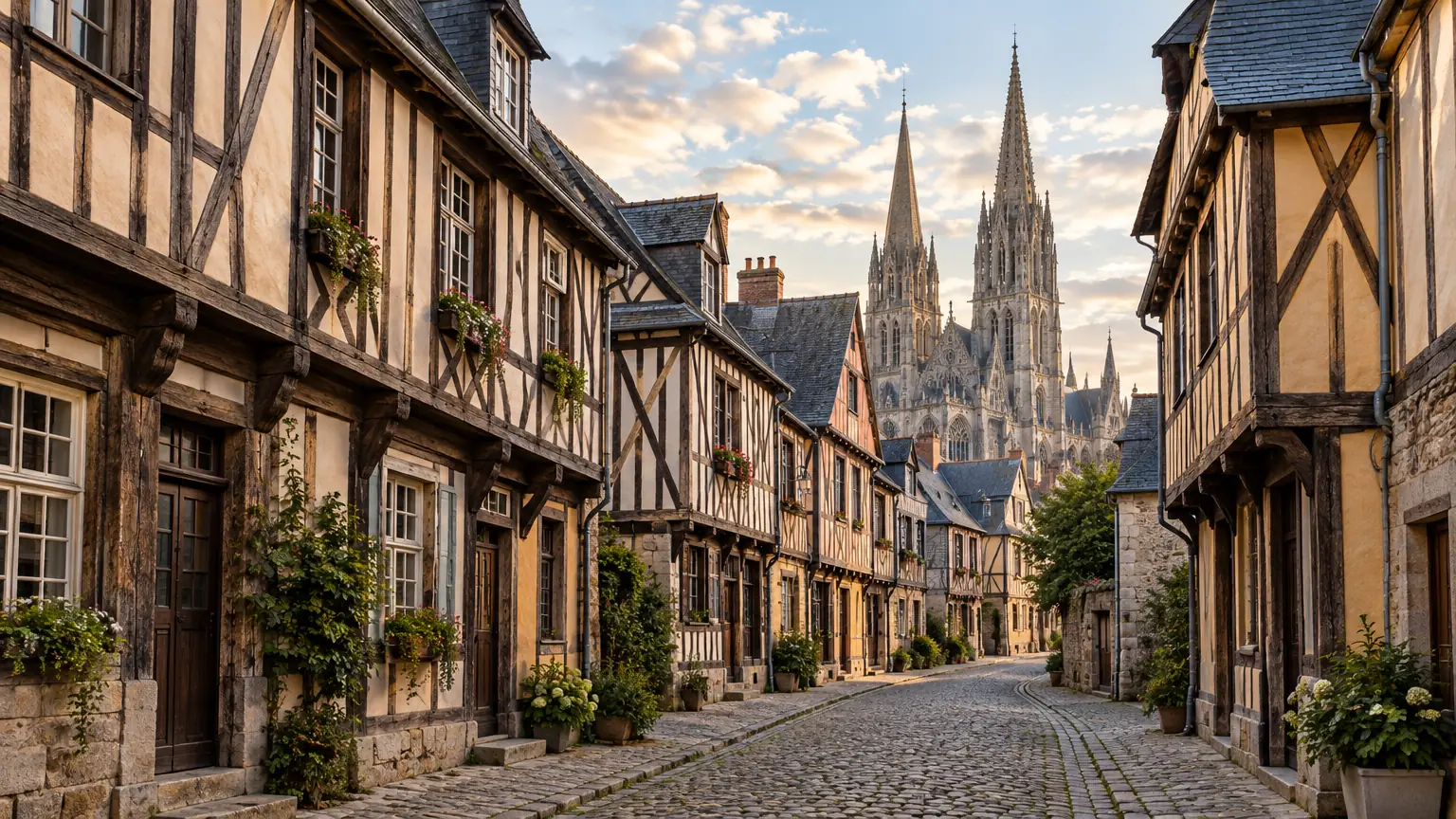 Rue pavée bordée de maisons normandes à pans de bois, avec les flèches d’une cathédrale gothique à l’arrière-plan, en fin d’après-midi