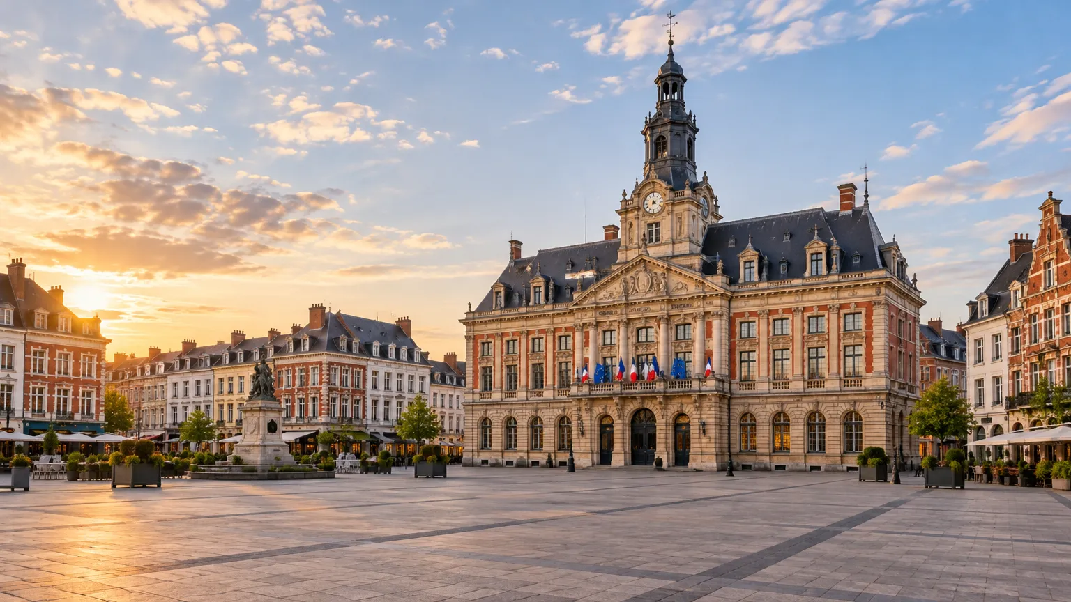 Grande place bordée de façades de brique et de pierre, dans une ville du Valenciennois, en fin d’après-midi